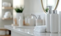 White bathroom counter with minimalist toiletries, folded towels, and decorative items creating serene spa-like atmosphere. Clean modern interior design for wellness and beauty.