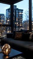 Cozy evening cityscape view through modern apartment window with dark sofa, sparkly cushions, and glowing decorative lights creating intimate atmosphere.