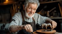 Senior Caucasian craftsman in leather apron working on wooden horse sculpture in workshop, focused on detailed carving with natural lighting and rustic atmosphere.