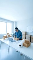 Asian male entrepreneur packing orders in modern office workspace with laptop and shipping boxes for online business operations.