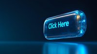 Glowing blue neon click here button floating in dark space with reflection on surface, modern futuristic web design element for digital interface.