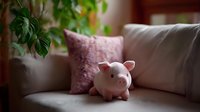 Pink ceramic piggy bank on gray couch with decorative pillow and monstera plant in cozy home interior setting, symbolizing savings and financial planning.