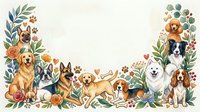 Watercolor frame with various dog breeds surrounded by colorful flowers, leaves, hearts and paw prints, with copy space in center.