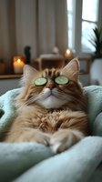 Fluffy orange tabby cat relaxing with cucumber slices on eyes in cozy spa setting with candles and soft towels for wellness and self-care concepts.