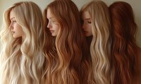 Four women with different hair colors from platinum blonde to auburn red showing long wavy hairstyles in profile view against neutral background. Hair salon concept.