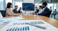 Diverse business team analyzing financial data and charts in modern conference room with growth graphs displayed on screen.