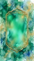 Ornate golden frame with decorative flourishes on emerald and yellow watercolor wash background. Isolated design element suitable for invitations, greeting cards, posters, and digital artwork projects.