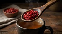 Wooden spoon with dried goji berries over steaming herbal tea cup on rustic wooden table, healthy superfood antioxidant drink preparation concept.