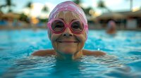 Senior Caucasian woman wearing pink swimming cap and round goggles smiling while exercising in pool during sunset, active lifestyle and wellness concept.