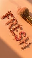 Crushed rose gold and copper eyeshadow powder with makeup brush on peachy background, cosmetics and beauty product for makeup application and design projects.