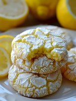 Homemade lemon crinkle cookies with powdered sugar coating stacked on white plate, fresh citrus slices in background, showing soft crackled texture and bright yellow interior.