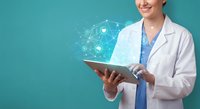 Female doctor in white coat using digital tablet with network connections and data visualization on turquoise background for healthcare technology concepts.