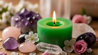Green candle burning surrounded by healing crystals, gemstones and flowers creating peaceful spa atmosphere for meditation and wellness rituals.