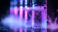 Glowing laboratory vial with pink luminescent liquid and bubbles against blurred background with smoke effects, creating futuristic scientific atmosphere.