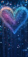 Glittering heart shape formed by colorful particles with pink and blue gradient against dark background, creating magical bokeh effect.