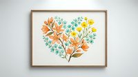 Heart-shaped floral arrangement with orange, teal and yellow botanical elements in wooden frame on white wall for home decor and wall art.