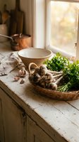 Fresh organic vegetables in wicker basket on rustic kitchen counter with natural sunlight streaming through window creating warm cooking atmosphere.