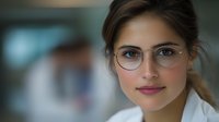 Young female professional wearing round glasses and white coat smiles confidently in medical or scientific setting with soft bokeh background, representing healthcare or research.