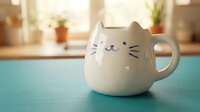 Adorable white ceramic cat-shaped mug with cute face and whiskers sits on turquoise wooden table in bright modern kitchen with plants and warm sunlight.