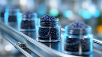Fresh ripe blueberries in glass jars on automated production line with selective focus and blurred background, food processing industry concept.