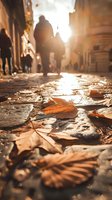 Fallen autumn leaves on wet cobblestone street at sunset with silhouettes of people walking in golden light, creating atmospheric urban scene.