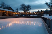 Outdoor ice skating rink at dusk with string lights creating magical winter atmosphere, snow-covered ground and moody evening sky reflecting on frozen surface.
