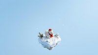 Santa Claus sitting on fluffy white cloud with Christmas tree and gifts against clear blue sky background for holiday season designs.
