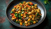 Colorful stir-fried tofu cubes with bell peppers, spinach and vegetables in dark plate on rustic green background, plant based protein meal.
