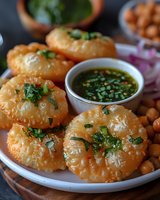 Crispy golden puri bread garnished with fresh herbs served alongside spicy green chutney dipping sauce and chickpeas on white ceramic plate, traditional Indian appetizer.