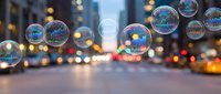 Soap bubbles floating over blurred city street with bokeh lights creating dreamy urban atmosphere for creative projects and artistic designs.