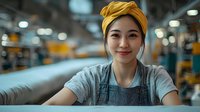 Young Asian woman barista wearing yellow headband and denim apron smiles warmly in modern coffee shop interior with soft bokeh lighting background.