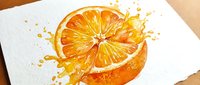 Fresh orange slice with vibrant juice splash on white paper, watercolor painting style perfect for kitchen decor, food illustration and culinary designs.