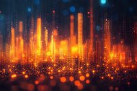 Abstract digital cityscape with glowing orange and blue particles rising like buildings, creating futuristic urban landscape against dark background.