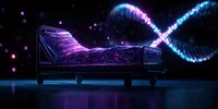 Empty hospital bed illuminated by glowing neon energy streams forming DNA helix pattern in dark space, purple and blue cosmic atmosphere with floating particles.