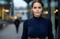Young professional woman in navy blue Victorian style blouse with high collar and brown leather belt standing outdoors against blurred urban background with confident smile.
