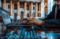 Professional trader analyzing financial market data on computer screen in luxury office interior, perfect for business and investment concepts.