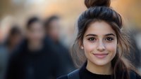Young Hispanic woman with messy bun hairstyle and natural makeup smiling warmly at camera while wearing black sweater, blurred crowd in background.