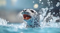 Spotted seal emerging from turquoise water with splashing droplets, showing whiskers and open mouth against blurred background, creating dynamic wildlife moment.