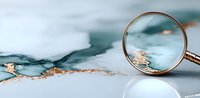 Elegant magnifying glass over luxurious turquoise and copper marble texture background, highlighting golden veins in abstract fluid art pattern.