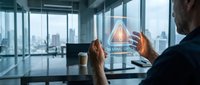 Professional businessman using holographic AI interface technology in modern office with city skyline view for digital transformation and innovation.