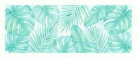 Tropical foliage seamless pattern featuring turquoise monstera and palm leaves on white background, tiles continuously for wallpaper and fabric design projects.