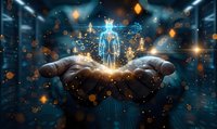 Hands holding glowing holographic businessman figure with crown and digital network connections in futuristic technology concept for leadership and innovation.