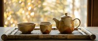 Rustic ceramic tea set with teapot and cups on bamboo tray by sunny window, warm natural lighting creates cozy atmosphere for relaxation and mindfulness.