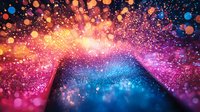 Magical glowing particles with vibrant pink and blue bokeh lights creating dreamy atmosphere against dark background, abstract festive sparkles and light effects.