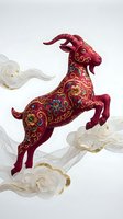 Red goat with ornate floral patterns leaping through golden clouds on white background for Chinese New Year celebrations and zodiac designs.