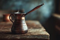 Traditional copper Turkish coffee pot cezve with ornate engravings on rustic wooden surface, authentic brewing vessel for Middle Eastern coffee preparation.