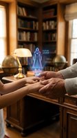 Business mentorship concept with hands connecting across generations and holographic future leader projection in warm library office setting.