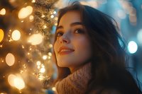 Young woman in cozy knit sweater smiling dreamily against blurred holiday lights background creating magical winter atmosphere and warm bokeh effect.