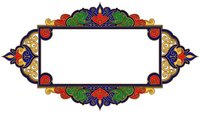 Ornate decorative frame with colorful floral motifs and intricate border design on transparent background for invitations and graphic projects.