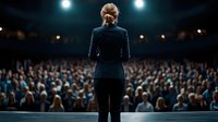 Professional woman in business suit standing on stage facing large audience in dark auditorium with spotlights, rear view perspective, leadership and public speaking concept.